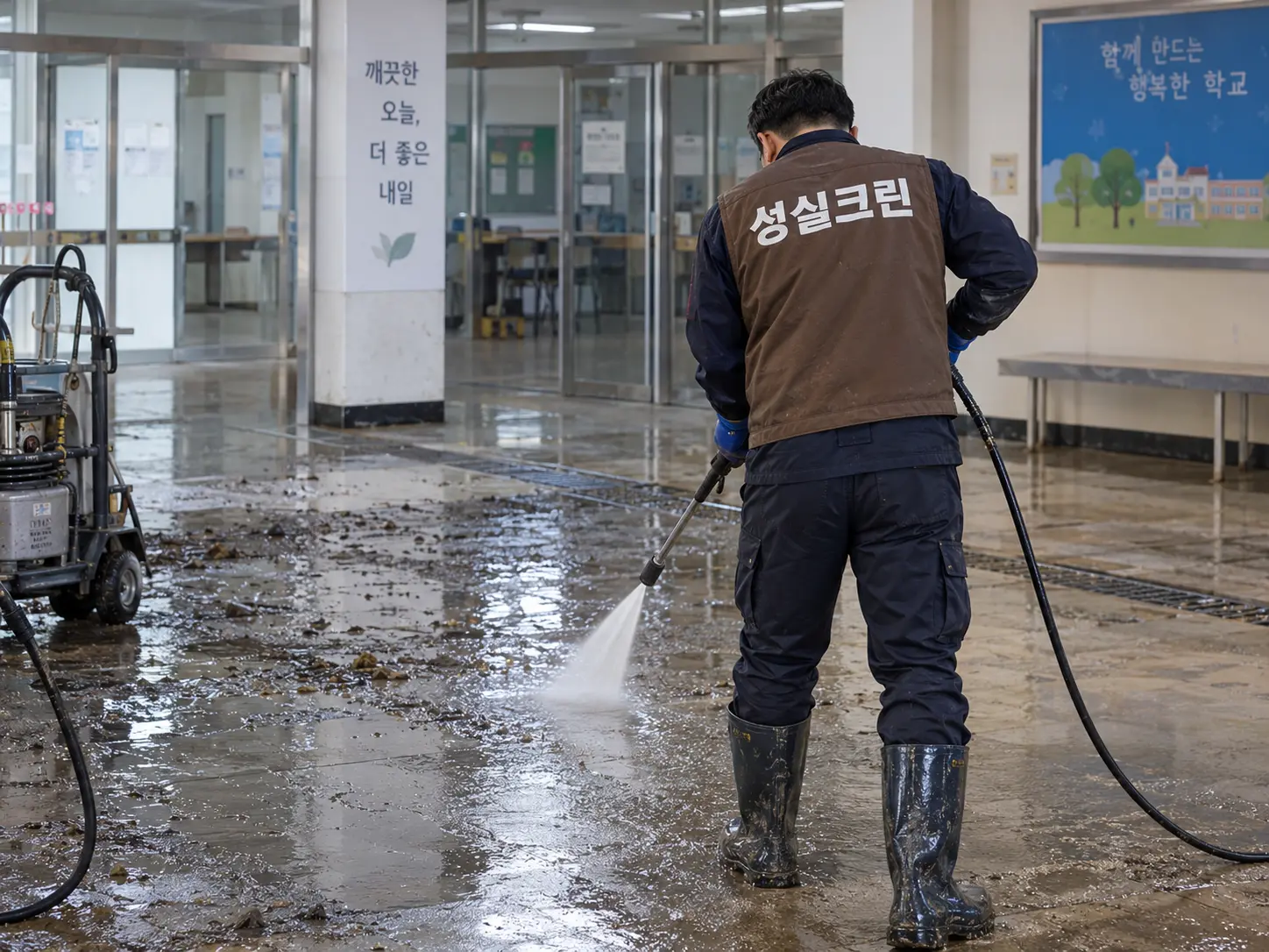 역류 피해 사업장 바닥 오염 제거
