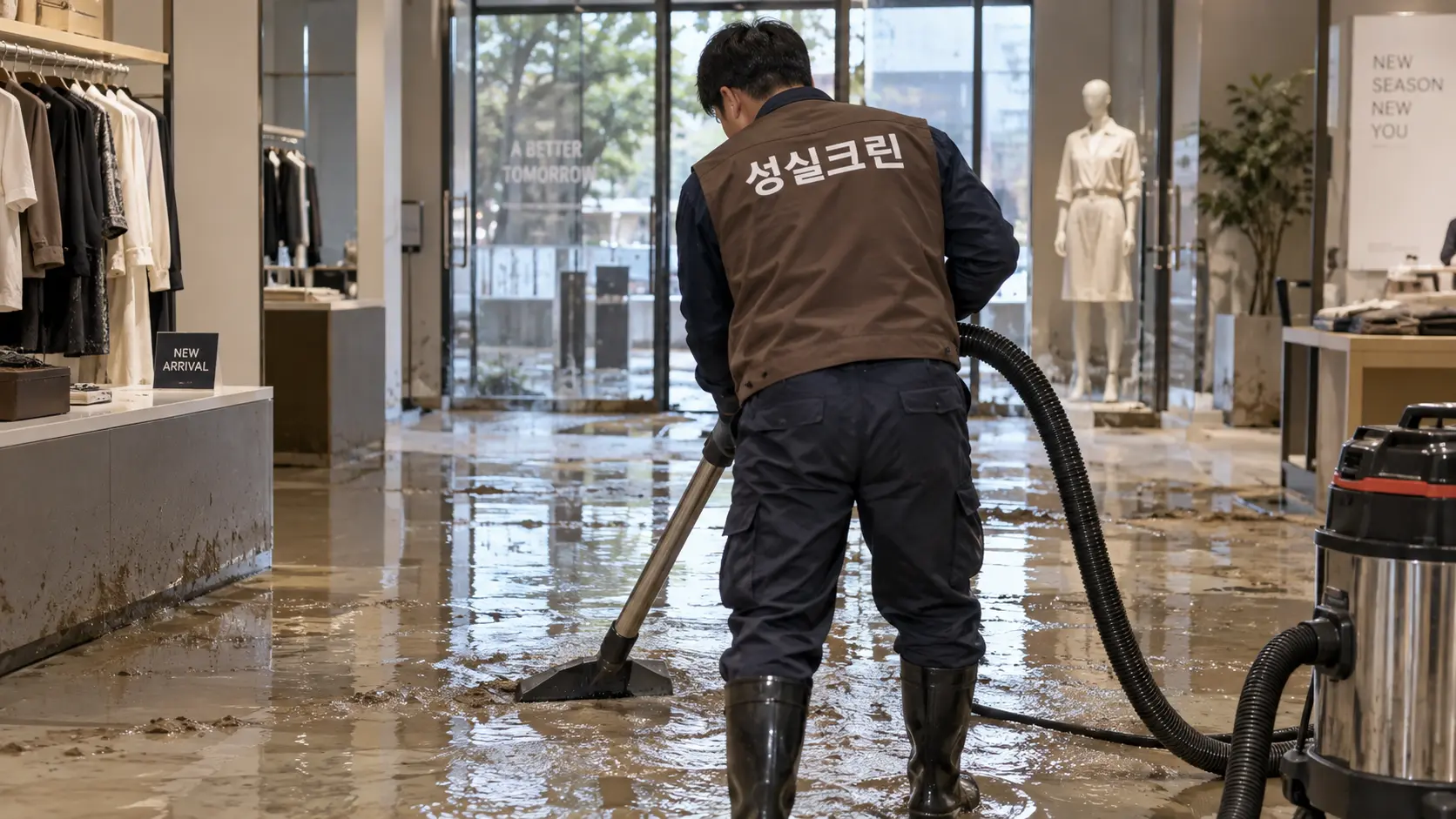 침수된 상가 바닥 오염수 습식흡입