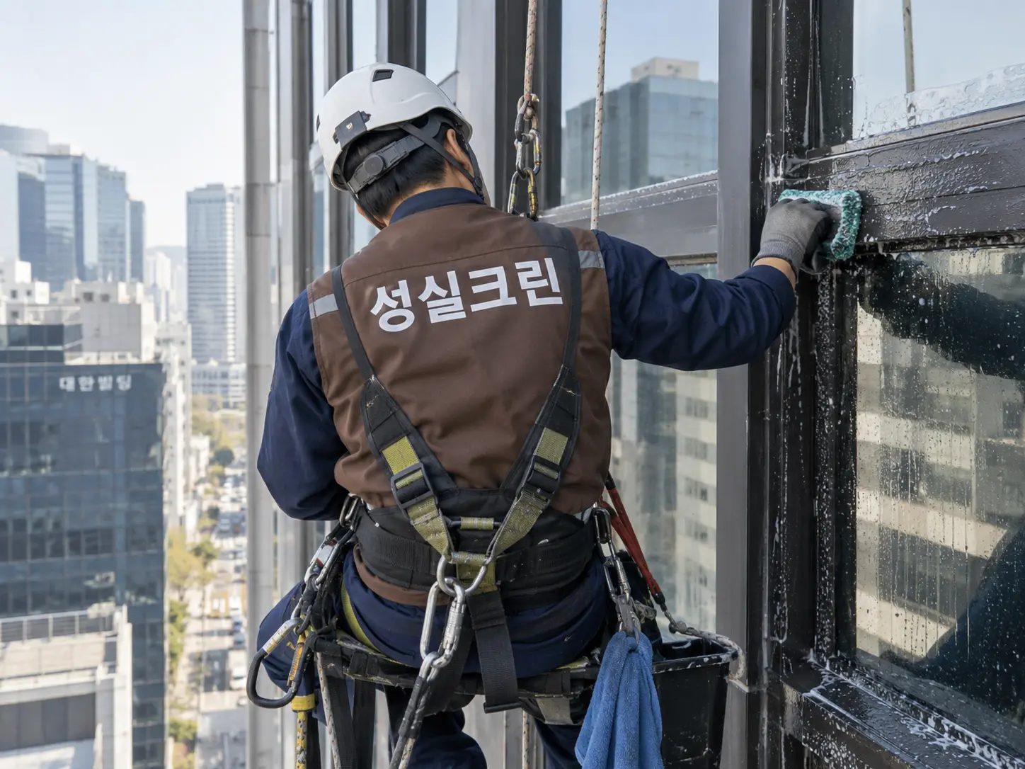 건물 외부 유리 프레임 오염 세척
