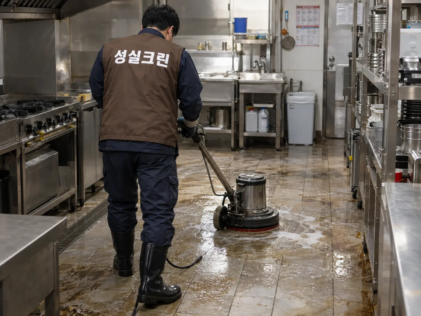 업소 바닥 눌어붙은 기름오염 제거