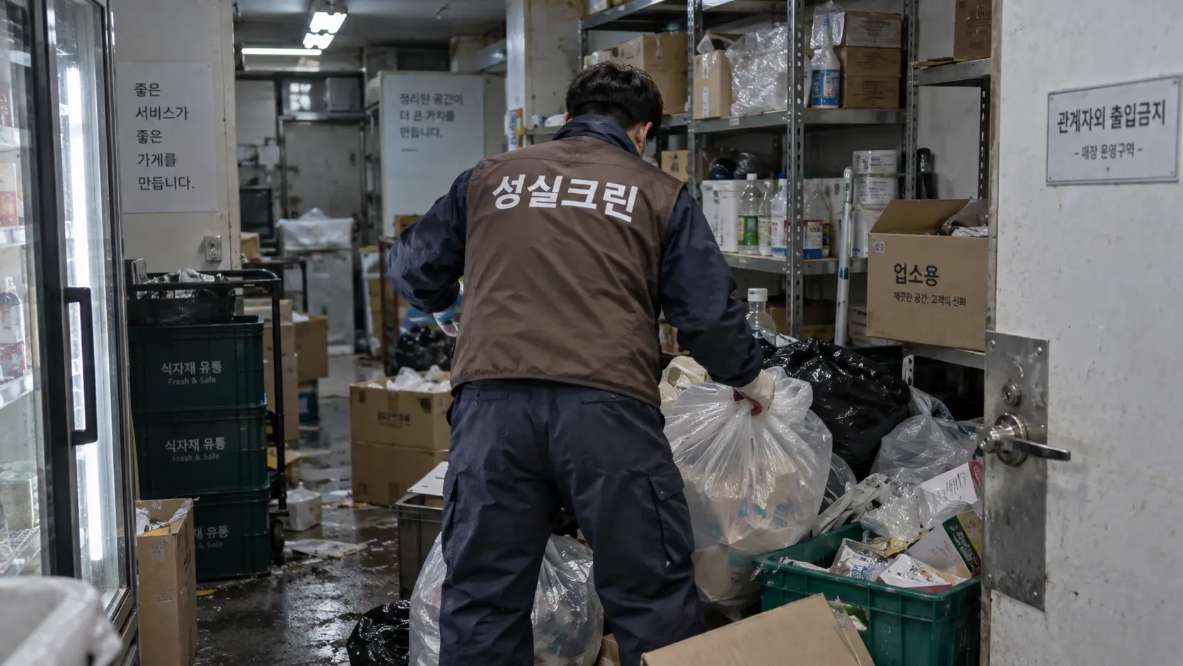 폐기물이 쌓인 상가 창고 분류 작업