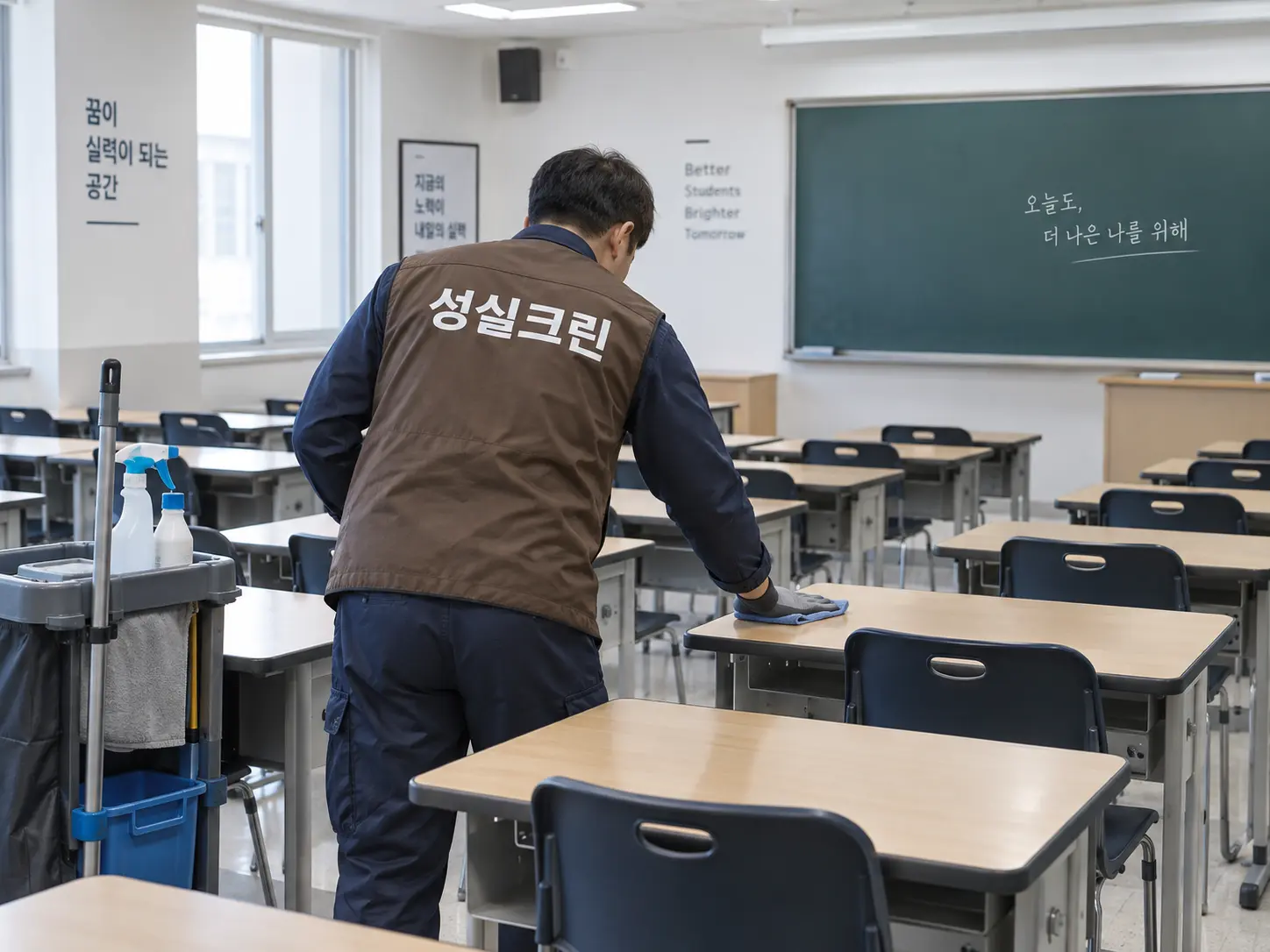 강의실 책상과 의자 표면 청소