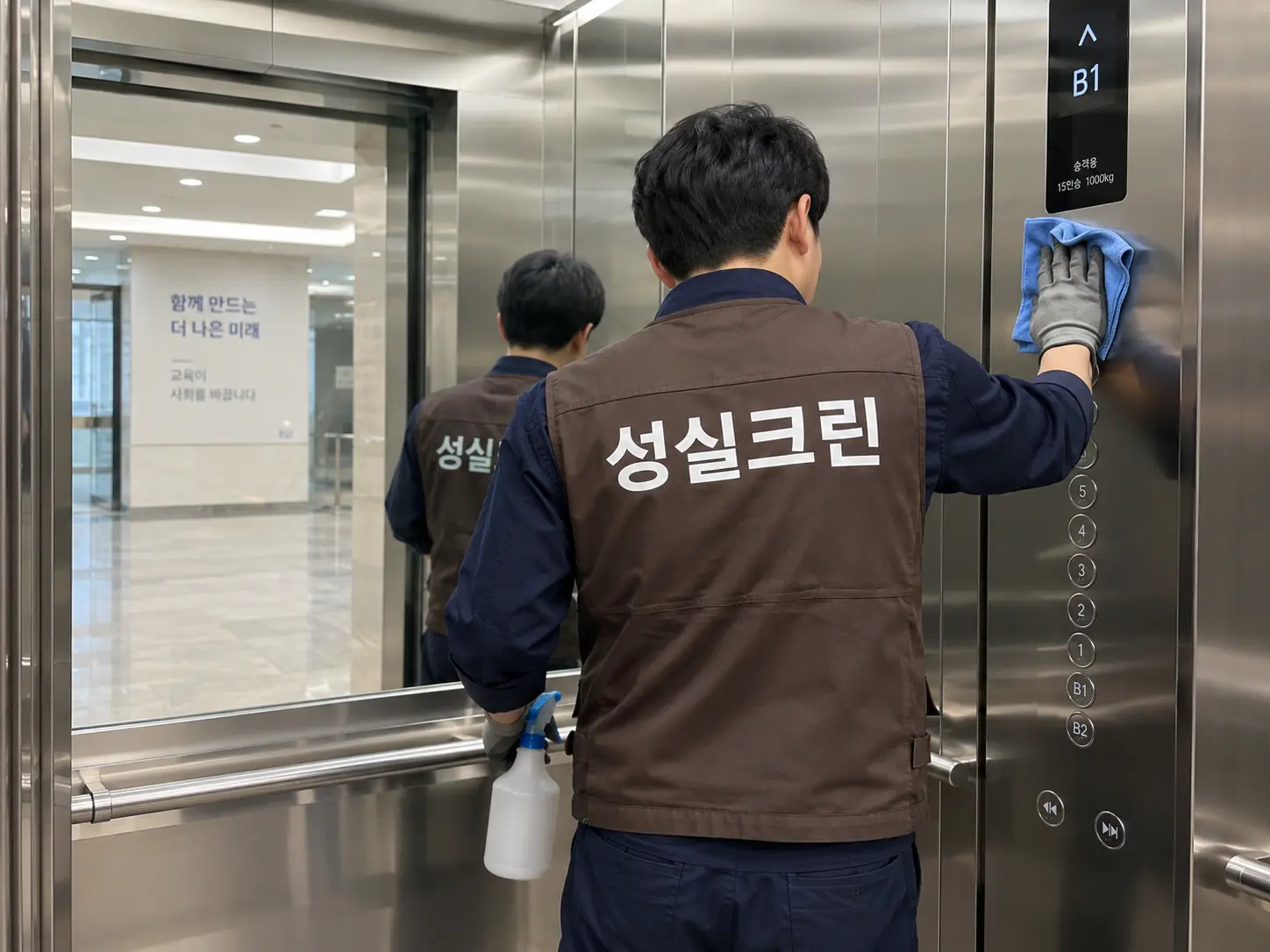 승강기 내부 거울과 버튼 주변 청소