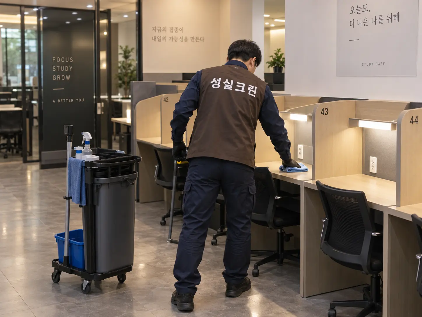 스터디카페 좌석과 칸막이 먼지 청소