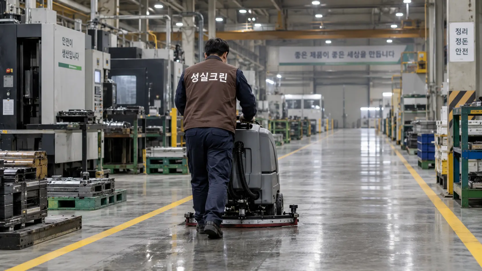 가동 종료 후 공장 생산통로 바닥 청소
