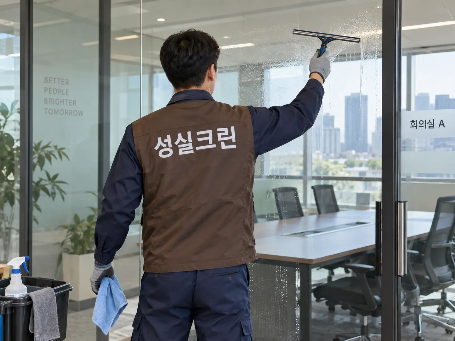 회의실 유리 파티션 스퀴지 세척