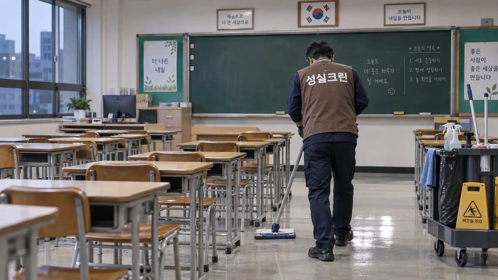 학교 교실 책상과 바닥 청소