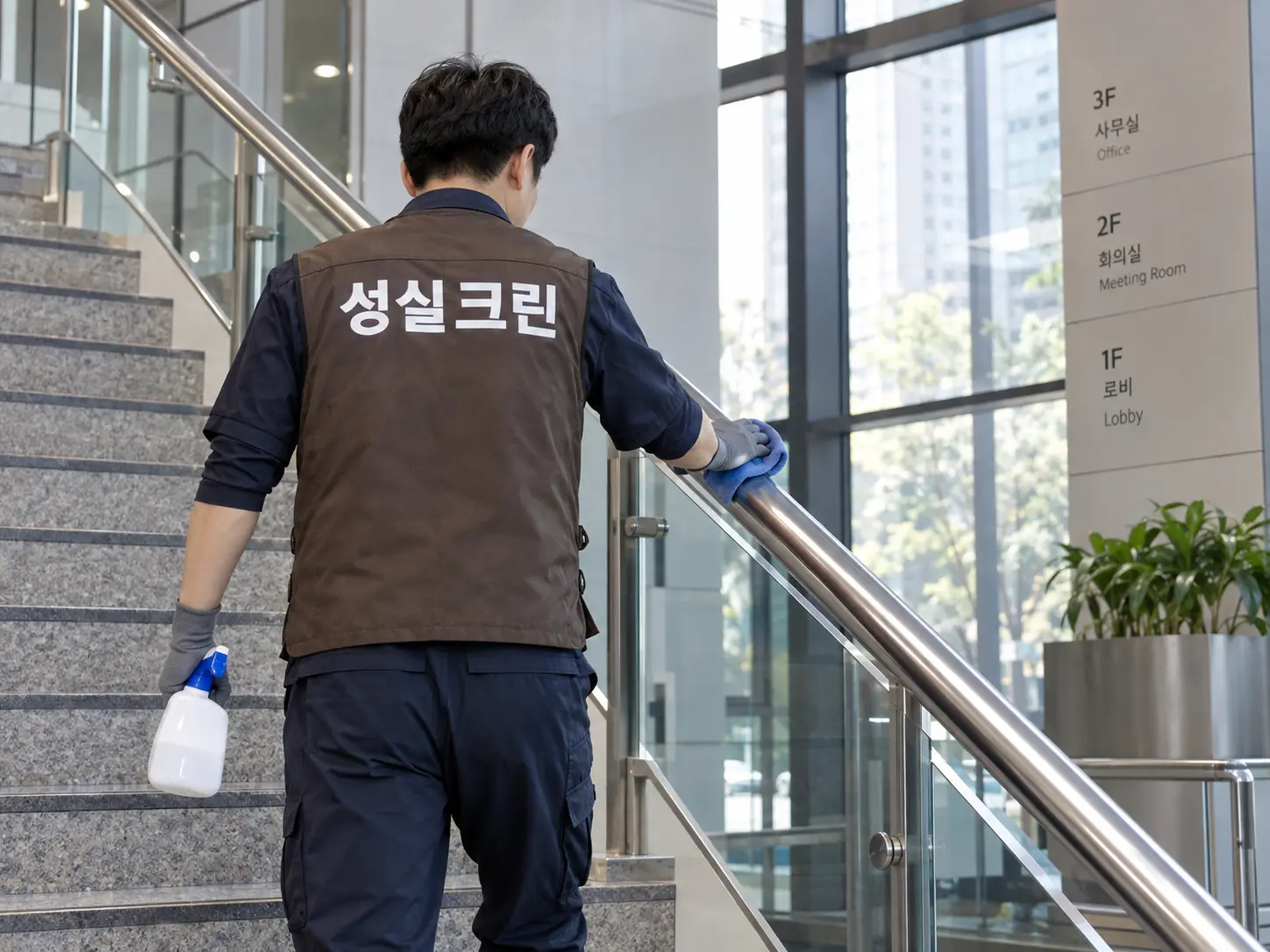 계단 난간 손접촉면 닦기