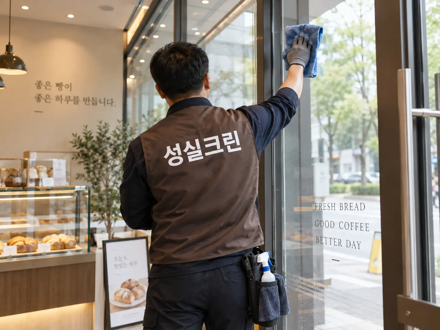 매장 출입구 유리와 쇼윈도 내부 청소