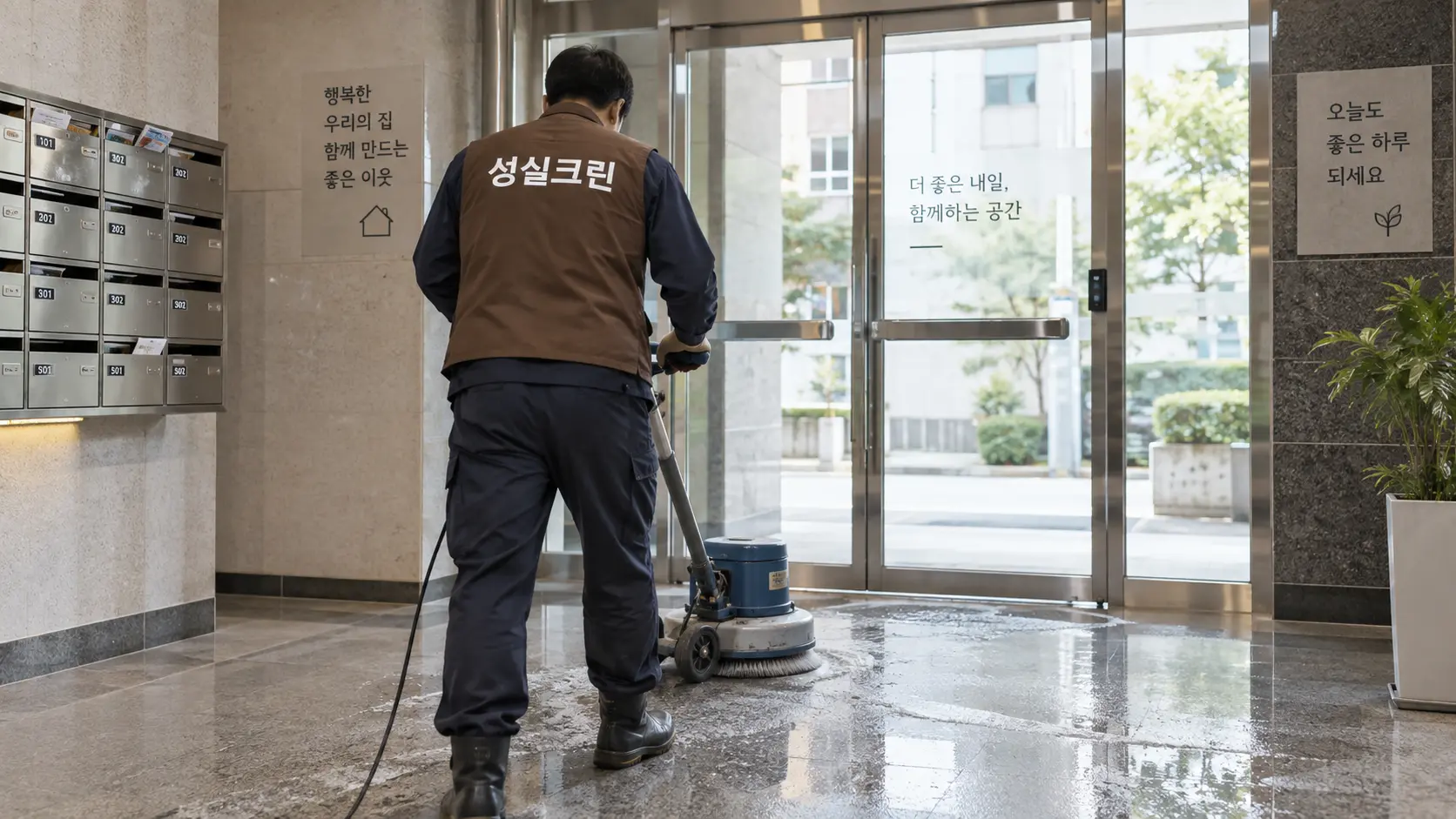 빌라 공용현관 바닥과 유리문 청소